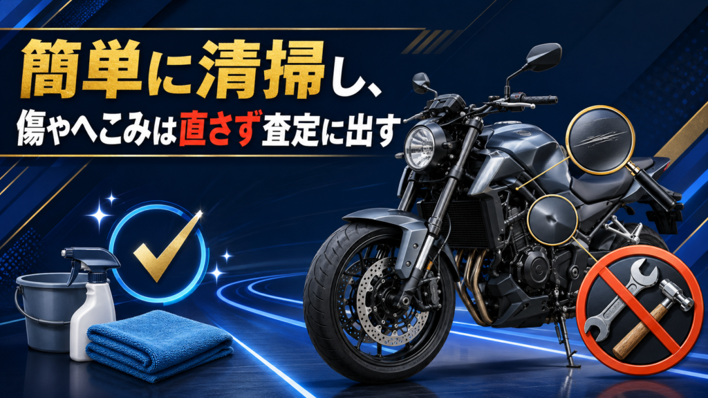 簡単に清掃し、傷やへこみは直さず査定に出す